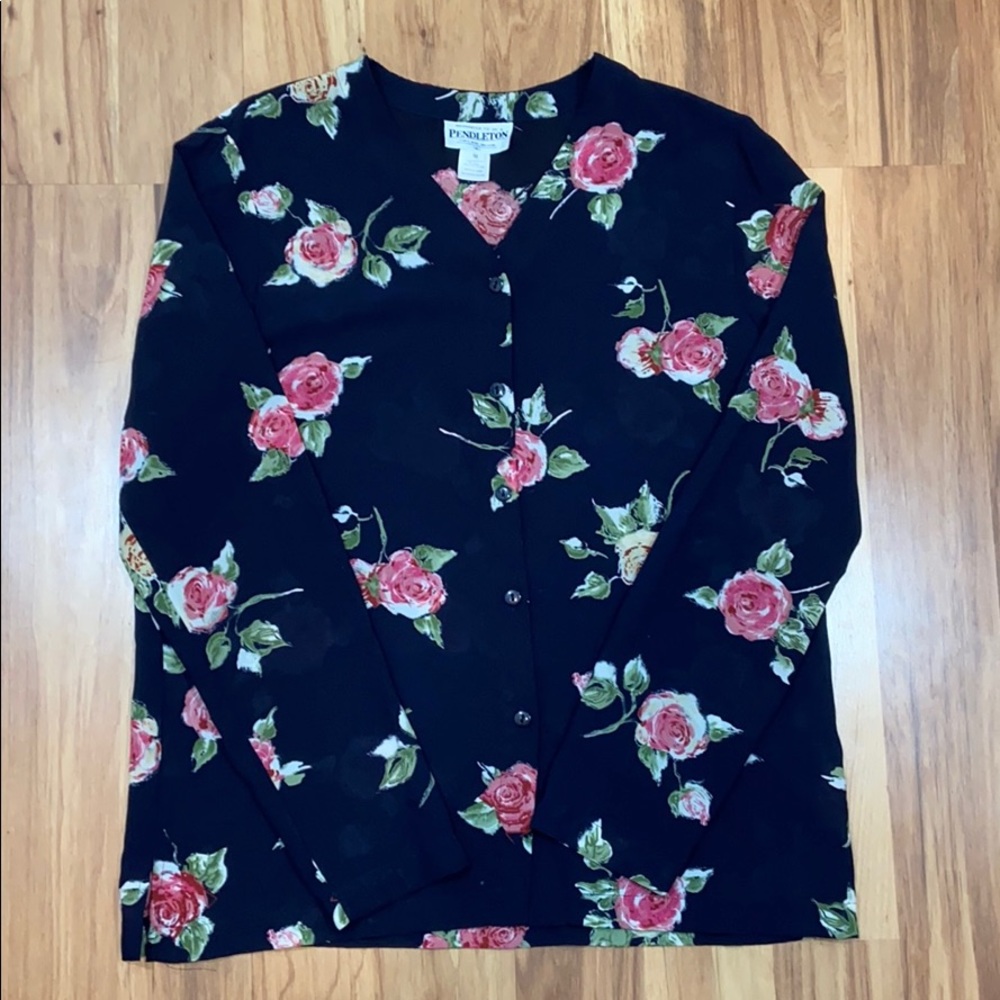 Pendleton Blouse Darth Navy Button Down Roses 10